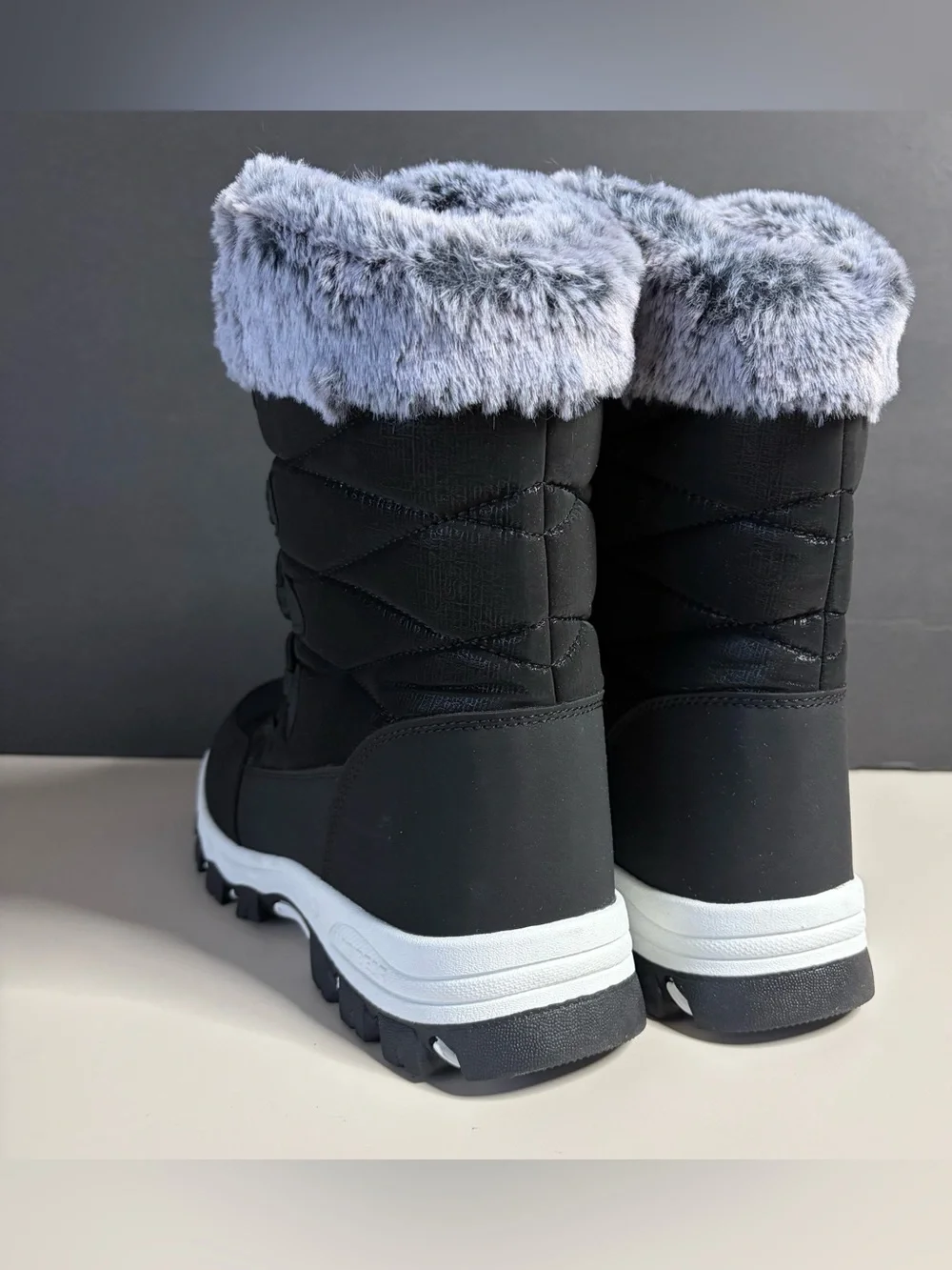Women’s Black Winter Lace-Up Snow Boots with Gray Faux Fur Cuff